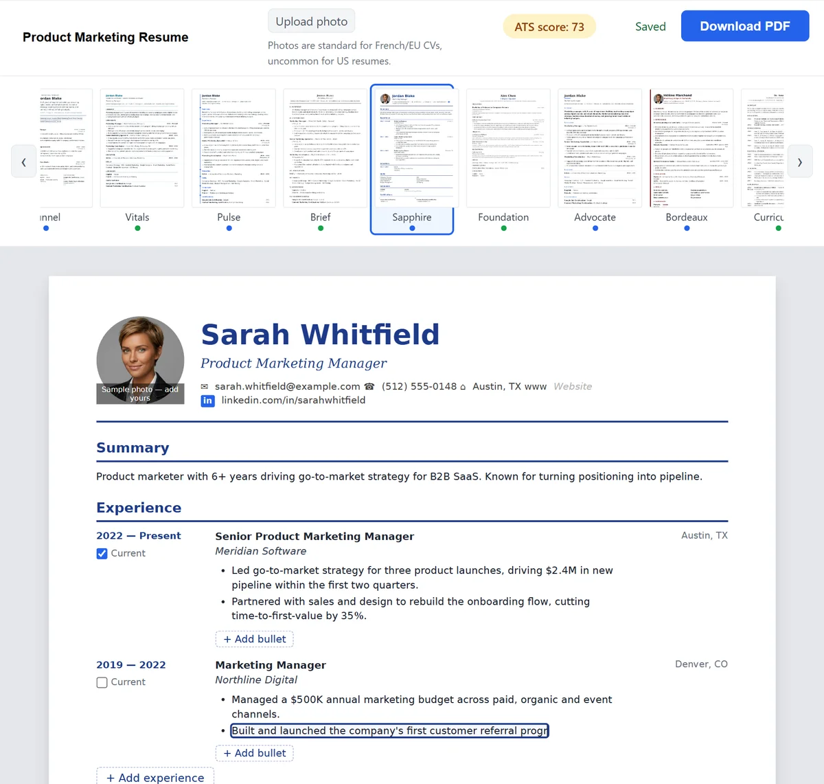 The cvgenerator.io resume builder, mid-edit, with the toolbar, template switcher and a resume in progress