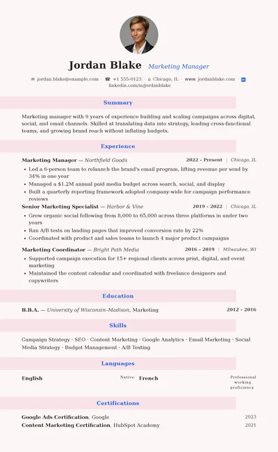Blush resume template preview