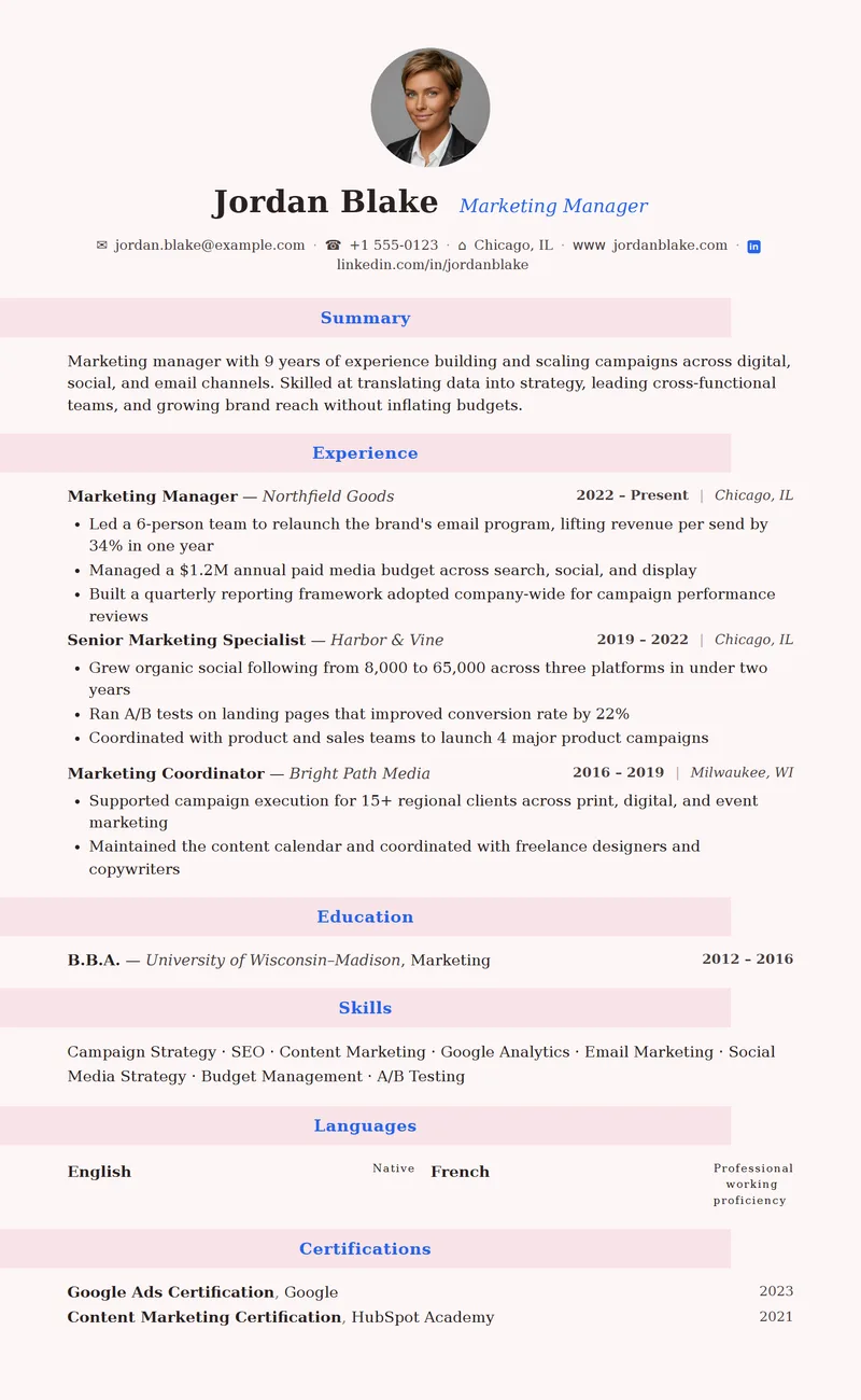 Full preview of the Blush resume template