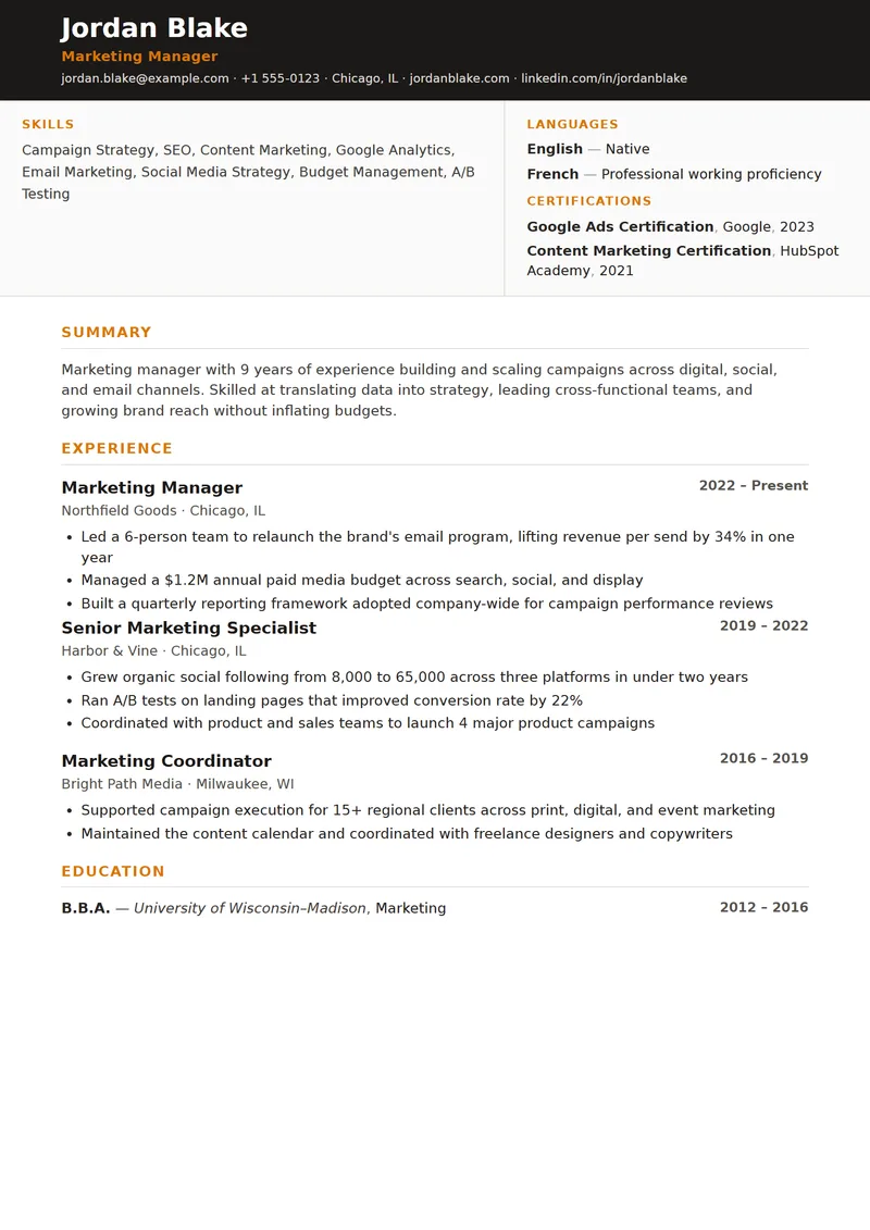Full preview of the Brigade resume template