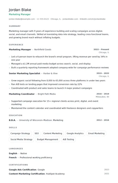 Greenfield resume template preview