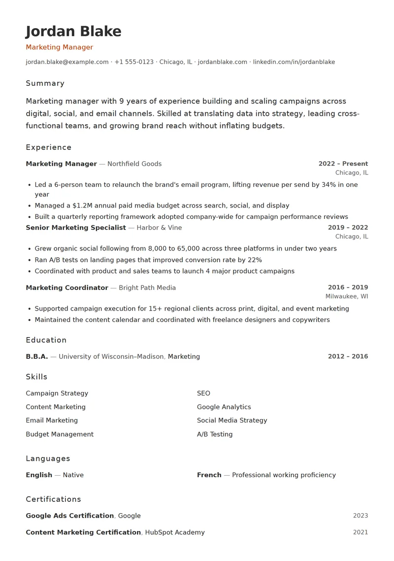 Full preview of the Host resume template