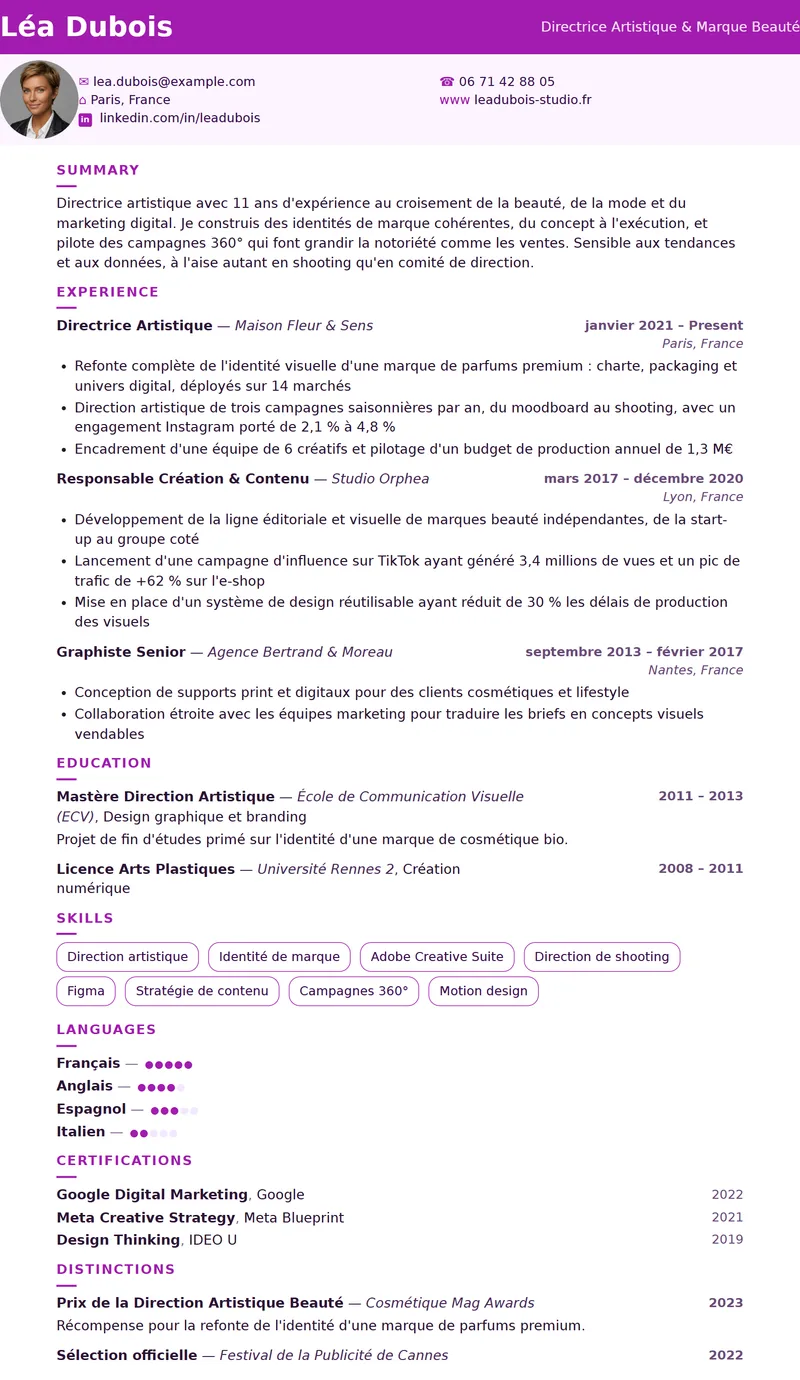 Full preview of the Orchidée resume template
