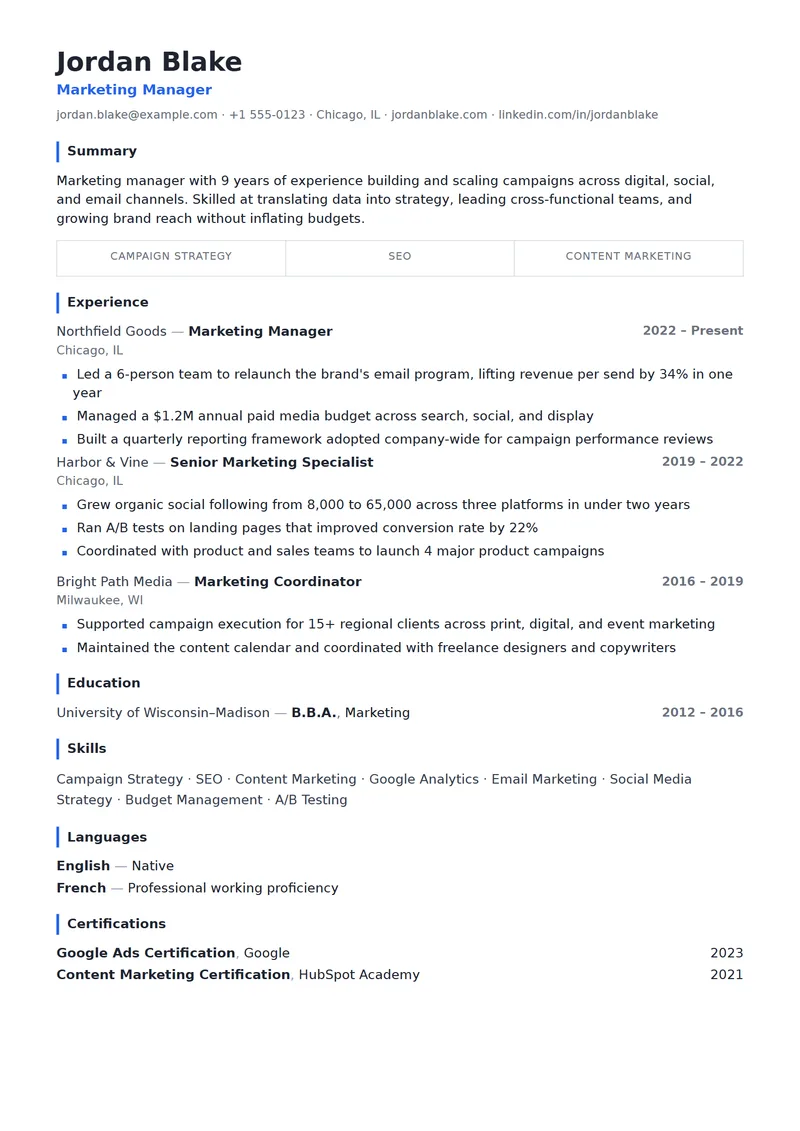 Full preview of the Quarterly resume template